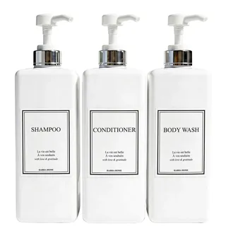HARRA HOME Pumpflaschenset mit modernem Golddesign, nachfüllbar, für Shampoo und Spülung, Leere Dusche, Kunststoffflaschen Pumpe, Badezimmer, Lotion, 3 Stück (weiß & Silber)