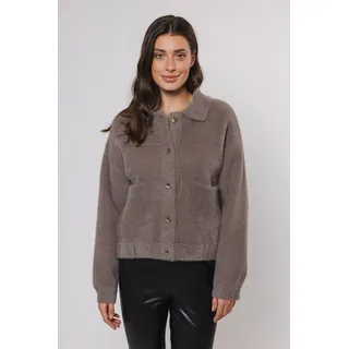 Cardigan RINO & PELLE "BUBBLY", Damen, Gr. XL (42), grau (taupe), Web, Obermaterial: 59% Polyamid, 26% Polyester, 15% Viskose, unifarben, normal hüftbedeckend, Rundhals, Strickjacken Cardigan, mit flauschiger Optik, Langarm, Rundhals, ohne Kapuze, aus Materialmix