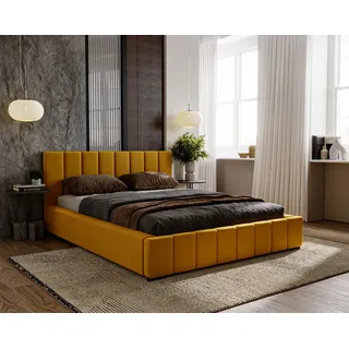 Polsterbett Nero inkl. Taschenfederkernmatratze Salsa, 200x200 cm, Doppelbett mit Bettkasten und Lattenrost aus Holz, Velourstoff: Gelb - Gelb