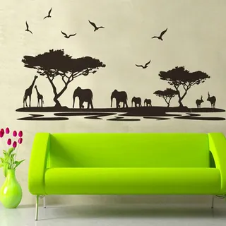 WandSticker4U®- XXL Wandsticker SAVANNE Schwarz (160x75 cm) I Wandtattoo Afrika Safari Tiere Elefant Giraffe Landschaft Skyline I Wandtattoo Wohnzimmer schwarz Deko Küche Flur GROß