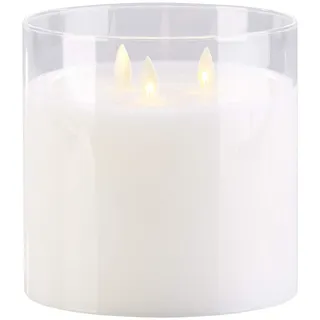 Britesta LED Kerze im Glas groß: LED-Echtwachs-Kerze im Windglas mit 3 beweglichen Flammen, weiß (3 Docht, drei Docht Kerzen, Flammenlose)