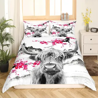Loussiesd Highland Kuh Bettwäsche Niedlichen Roten Blumen Rinder Bettwäsche Set Kinder Mädchen Frauen Männer Kirschblüte Bettbezug Western Bull Cow Bettwäsche 135x200cm Exotische Wild West Tier