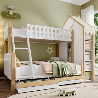 Etagenbett mit 2 Liegeflächen, Leiter, Regal, Schrank und Lattenrost, 90x200cm/140x200cm, Kinderbett mit Rausfallschutz, Hausbett - Weiß