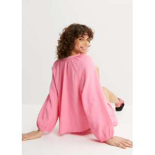 Shirtbluse BONPRIX "Oversize-Bluse aus Musselin", Damen, Gr. 40, knallrosa, Web, Obermaterial: 100% Baumwolle, oversize normal, V-Ausschnitt, elastischer Bund, Blusen Shirtbluse, Oversize-Passform, mit V-Ausschnitt, aus Baumwolle, 3/4-Ärmeln