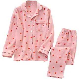 Schlafanzug Damen Lang mit Herz Print Pyjama Set, 2 Pieces Musselin Pyjama Partner Schlafanzüge Party Outfit, süßes Loungewear Set Langarm Button Down Shirt mit Herz-Print und Langer Hose