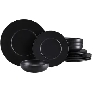 Teller-Set CREATABLE "Unico, Teller Set, 12-tlg.", schwarz, 12, Steinzeug, Geschirr-Sets, Teller-Set, Eleganter Flair, Breite Fahne, Edel