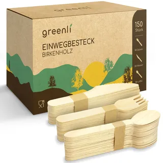 greenli® Einwegbesteck Set - 150 Holzgabeln, Holzmesser und Holzlöffel - Nachhaltiges Holzbesteck Einweg