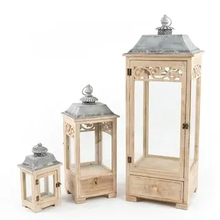 Set mit 3 Laternen aus Holz und Oberseite aus Metall in Natur und Grau, 102 x 33 x 33 cm