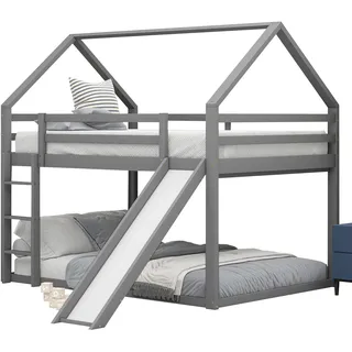 Etagenbett mit 2 Schlafgelegenheiten, Lattenrost, Leiter und Rutsche, 140x200 cm, Holzbett aus Kiefer, Kinderbett inkl. Rausfallschutz, Hochbett, Hausbett - Grau