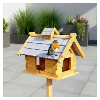 Großes Holz-Vogelhaus XXL 44×34×37 cm – dekoratives Vogelhäuschen mit Holzschindeln in Natur/Grau – Futterhaus für Wildvögel – stabile Vogelvilla für Garten, Terrasse und Balkon
