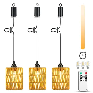 Lightsjoy 3er Boho Hängelampe mit Batterie Outdoor Indoor Pendelleuchte Akku Hängeleuchte Dimmbar mit Fernbedienung IP65 Wasserdicht deckenlampe Ohne Stromanschluss für Innen Außen Garten Esszimmer