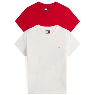 Tommy Hilfiger Tommy Jeans Damen, 2er Pack T-Shirts Kurzarm mit Rundhalsausschnitt, Mehrfarbig (Ecru/Sapphire Red), XS