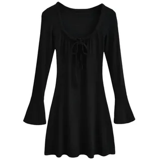 Tief ausgeschnittenes, U-Ausschnitt-, Schnür-Trompeten-Langarmkleid für Damen mit Kleiner hoher Taille und A-Linien-Rock - Schwarz - M