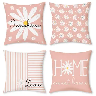 Hopomoon 4er Set Kissenbezug 45x45 cm Altrosa, Samtweich Kurzplüsch Dekokissen mit Gänseblümchen & „Home“ Motiven, Skandinavische Zierkissenhülle für Sofa Wohnzimmer Schlafzimmer Deko