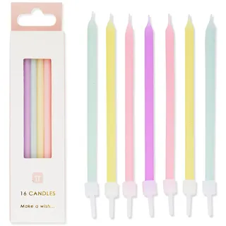 Packung mit 16 Regenbogen-Pastell Geburtstagskerzen mit Halterungen | Lang, Dünn, 10 cm | Kerzen Geburtstag Kuchendeko Kinder, Tochter, Mädchen-Party, 16, 18, 21, Babyparty, Ostern