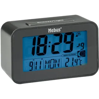 Funkwetterstation , Schwarz , Kunststoff , 12x7.1x4.8 cm , Kalenderanzeige, Wochentaganzeige, Weckfunktion, umstellbar von °C in °F, Hintergrundbeleuchtung, Mondphasenanzeige , Dekoration, Uhren, Tischuhren