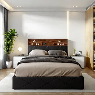 Fortuna Lai Polsterbett 140x200 cm mit LED-Aufbewahrung, hydraulischem Stauraum, USB-Anschlüssen, und modernem Kopfteil aus Kunstleder, Schwarz, Ohne Matratze - Schwarz