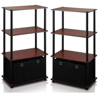 Furinno Go Green Scaffale di stoccaggio multiuso a 4 ripiani Con contenitori, Dunkle Kirsche/Schwarz