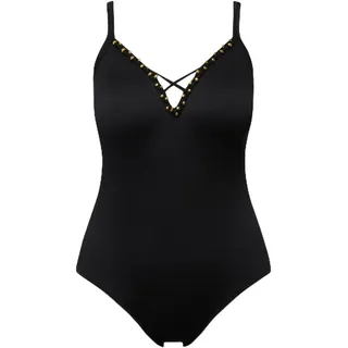 Ulla Popken Damen große Größen Übergrößen Plus Size Badeanzug, Perlenband, Struktur, Softcups, Zierbänder schwarz 52 793662100-52