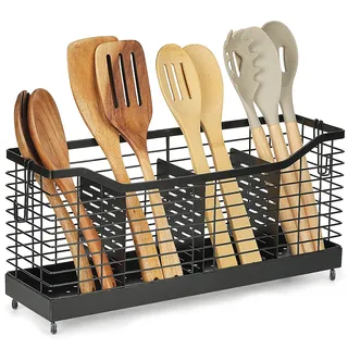 GRKJGytech Küchenutensilienhalter für Küchentheke, Mit Rutschfesten Gummifüßen Schwarzer Besteckhalter, Küchenutensilien Kitchen Arbeitsplatte Organizer, Kochlöffelhalter, Besteck schwarz matt