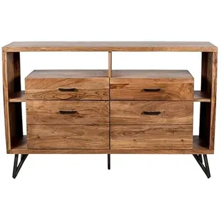 DRW Sideboard mit 4 Schubladen aus Holz und Metallbeinen in Natur und Schwarz, 94 x 145 x 40 cm