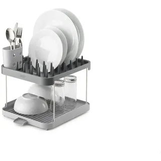 Joseph Joseph Duo Trockengestell mit 2 Ebenen, Abtropfgestell für Küchengeschirr mit Utensilientopf und Ausguss, grau