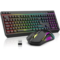 RedThunder K20 Rechargeable Kabelloses Gaming Tastatur und Maus Set, QWERTZ DE Layout, RGB Hintergrundbeleuchtung + Multimedia Funktionstasten, 4800DPI Kabelloses Maus für PC Mac Laptop(Schwarz)