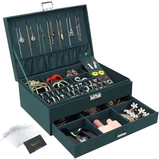Schmuckkasten, Schmuckkästchen mit Schubladen für Damen Mädchen, Samt Schmuckbox Schmuckschatulle Groß Schmuck Organizer für Ringe Ohrringe Armbänder Halsketten, Dunkelgrün