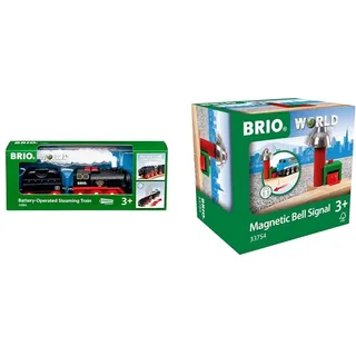 BRIO World 33884 Batterie-Dampflok mit Wassertank & World 33754 Magnetisches Glockensignal - Eisenbahnzubehör Holzeisenbahn - Kleinkinderspielzeug empfohlen für Kinder ab 3 Jahren