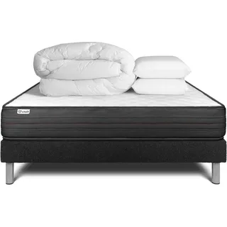 Komplettpaket Bett - Matratze 160x200 cm + Boxspringbett mit Lattenrost (im Set) + 2 Kopfkissen + Bettdecke - Vitalpower - Schwarz