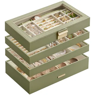 SONGMICS Schmuckkästchen 4 Ebenen, Schmucktablett stapelbar, Schmuckkasten groß, Schmuckbox mit Glasdeckel, 17 x 28 x 18,3 cm, Schmuckeinsatz für Schubladen, Geschenkidee, lorbeergrün JBC164C02