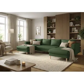 Wohnlandschaft TRENDMANUFAKTUR "Amazing, wahlw. mit Schlaffunktion & Bettkasten, Fuß Buche lackiert", dunkelgrün, B:305cm H:81cm T:161cm, Sofas, Wohnlandschaft, Sofa in U-Form, in Cord oder Struktur, Breite 305 cm