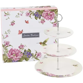 London Boutique Tortenständer, Nachmittagsteeständer, 3-stöckiger Tortenständer, Vintage-Stil, Flora Rose, New Bone China, Servierteller für Teeparty, High Tea, Geschenk für Sie (Beige)