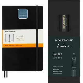 Moleskine Classic Notebook Expanded x Kaweco Nachfüllbarer Kugelschreiber, Liniertes Notizbuch mit Weicher Schwarzer Abdeckung, 13x21 cm, Nachfüllbarer Grüner Stift mit Blauer Tinte