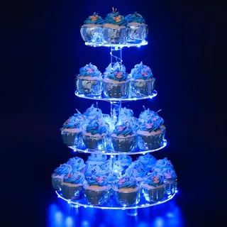 Ulifeme 4 Etagen Cupcake Ständer, Blau LED Lichterkette de Tortenständer Acryl für Hochzeit, Party, Geburtstag, Baby Duschen & Kuchen Dessert, Torten Etagere 4-stöckig, Runder Cupcake Stand