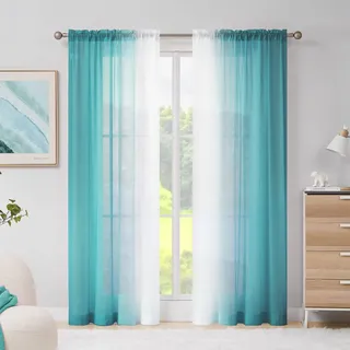 Melodieux Ombre Gardinen Wohnzimmer Blau Grün - Voile Vorhänge mit Kräuselband 225x140cm, Transparent Vorhänge für Wohnzimmer, Schlafzimmer, Kinderzimmer, Fenster, 2er Set