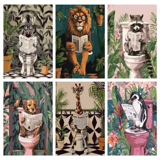 Jawecci 6 Stück Tiger Giraffen Hund Malen nach Zahlen Set Erwachsene, Tier auf Toilette Malen nach Zahlen Erwachsene auf Leinwand, Einfaches Acryl-Kunsthandwerk Anfänger für Geschenke 20x30cm