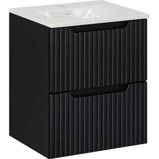 Badezimmerschrank 50cm mit Waschbecken schwarz matt geriffelt modern - Schwarz
