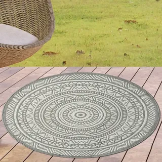 Runder Indoor- & Outdoorteppich im Mandala-Design – Grau und Creme, vielseitig einsetzbar Größe - 120 cm Rund - Grau, Naturbelassen