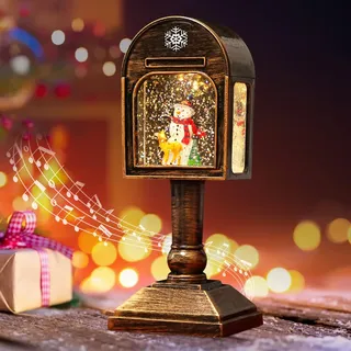 Weihnachtsdeko Laterne,Weihnachts Schneekugel Laterne mit Musik,Weihnachten Deko,Retro-Mailbox Weihnachtslaterne mit Glitzernde Schneekugel Nachtlicht,USB und Batteriebetrieben für Kamins Tischdeko