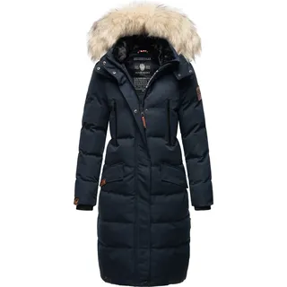 Marikoo Damen Winterjacke Langer veganer Parka Warm Stepp Mantel mit abnehmbarer Kapuze und Kunstfellkragen Schneesternchen Navy Gr: 36 - S - Blau