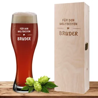 Deitert Weizenglas mit Motiv 'Weltbester Bruder' inklusive Geschenkbox aus Holz, Bierglas 0,5 Liter mit gravierter Holzbox, Geschenk zum Geburtstag, personalisiertes Weißbierglas