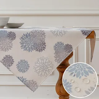 Vorysum Tischdecke Modern Blumen Hellblau Dahlien Tischwäsche Modern Wasserabweisend Leinen,Dekoration Tischläufer Outdoor Sommer Garten für Hochzeit Esszimmer Party Urlaub Dekor 100 x 100 cm