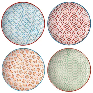 Bloomingville Teller Emma Retro Kuchenteller kleine Frühstücksteller Brotteller rund ø 16 cm, grün blau rot orange, Keramik, 4er Set