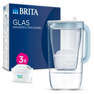 BRITA Glas Wasserfilter-Kanne hellblau (2,5l) inkl. 3x MAXTRA PRO All-in-1 Kartusche – Premium Design Kanne aus Glas, robust & leicht / reduziert Kalk, Chlor, Metalle wie Blei & Kupfer