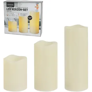 3er Set LED Kerzen Echtwachs-Optik Outdoor | 3 Größen Kunststoff elfenbein | Flackerfunktion warmweiß inkl. 5h Timer batteriebetrieben