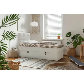 Mid.you Boxbett , Weiß , Holz, Holzwerkstoff , H3 , 90x200 cm , Bettkasten, gepolstertes Kopfteil, Stoffauswahl, Topper durchgehend , Holzmöbel, Holzbetten, Boxspringbetten Holz