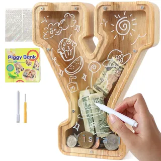 Lakpopya Spardose für Kinder Jungen Mädchen Sparschwein Kinder Spardose Personalisiert Durchsichtig Spardose Buchstabe Holz A-Z mit Zielbereich & Aufkleber & Marker, Taufe Geschenk Dekoration (Y)