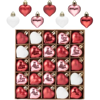 Valery Madelyn 25pcs Weihnachtskugeln 4cm Rot Rosa Weiß mini Kunststoff Christbaumkugeln mit Aufhänger,Herz Baumschmuck Anhänger für Weihnachtsdeko,Valentinstag deko