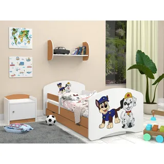 Happy Babies Kinderbett mit Rausfallschutz Junge 140x70 Bett für Kinderzimmer mit Schublade Matratze Einzelbett für Kinder Blau Hundemotiv - Blau